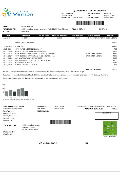USA Canada City of Vernon water business utility bill template in Word and PDF formats